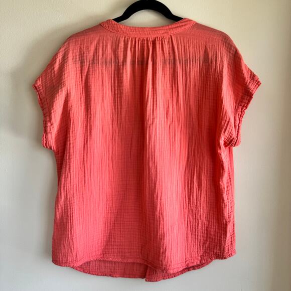 Velvet Capria Challis Top Cotton Gauze Coral Pink Button Front Short Sleeve Sz M - Picture 5 of 5
